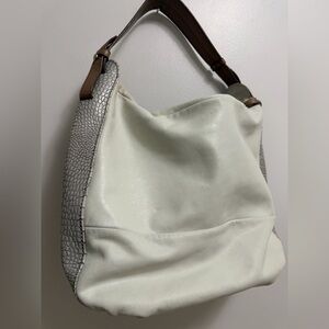 Furla Cream Leather Hobo with Gray Snakeskin Trim and Brown Strap